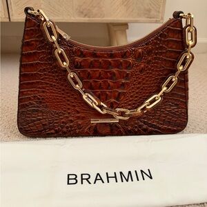 Brahmin Mod Esme Brown Crocodile Embossed Shoulder Bag with Gold Chain